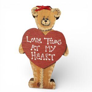 Vintage Adorable Wooden Wood Bear Shelf Decor Love Heart Rustic Cottagecore